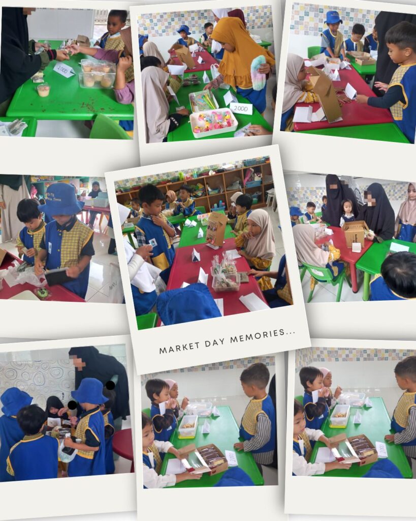 Anak-anak KB-TK Permata Ilmu tampak antusias mengikuti kegiatan Market Day bertajuk “Pasar Berkah Keluarga Cilik” di halaman sekolah, Dau, Malang. Mereka berperan sebagai penjual dan pembeli sambil belajar tentang kejujuran, tanggung jawab, dan rasa syukur.