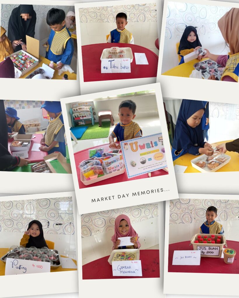 Anak-anak KB-TK Permata Ilmu tampak antusias mengikuti kegiatan Market Day bertajuk “Pasar Berkah Keluarga Cilik” di halaman sekolah, Dau, Malang. Mereka berperan sebagai penjual dan pembeli sambil belajar tentang kejujuran, tanggung jawab, dan rasa syukur.