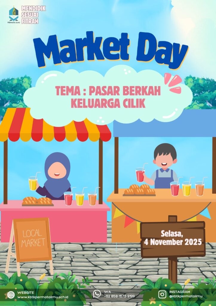 nak-anak KB-TK Permata Ilmu tampak antusias mengikuti kegiatan Market Day bertema Pasar Berkah Keluarga Cilik. Dalam kegiatan ini, mereka belajar mengenal nilai uang, proses jual beli, serta menumbuhkan sikap jujur, sopan, dan mandiri. Market Day menjadi sarana pembelajaran kontekstual untuk menanamkan karakter Islami, tanggung jawab, dan rasa syukur sejak usia dini. Program ini juga mengembangkan fitrah keimanan, sosial, jasmani, dan bakat anak dalam suasana belajar yang menyenangkan di lingkungan sekolah Islam KB-TK Permata Ilmu Sengkaling.