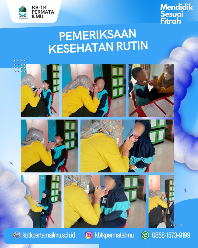 Kegiatan pemeriksaan kesehatan siswa KB-TK Permata Ilmu Sengkaling bekerja sama dengan Klinik Hidayatullah Dau berlangsung penuh keceriaan. Anak-anak tampak antusias saat diperiksa oleh tim medis. Pemeriksaan ini bertujuan mendukung tumbuh kembang optimal anak usia dini, menanamkan kesadaran hidup sehat sejak kecil, serta memastikan kondisi fisik anak tetap prima selama belajar di sekolah Islam KB-TK Permata Ilmu. Kegiatan ini juga menjadi bagian dari pendidikan karakter dan pembiasaan hidup bersih dan sehat bagi anak-anak PAUD di lingkungan sekolah yang ramah, aman, dan bernuansa Islami.